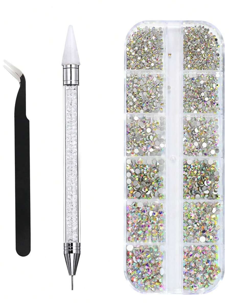 12格6种尺寸透明水晶AB水钻，包含镊子和点钻笔，2000颗3D圆形水晶美甲装饰，适用于面部和眼部化妆，DIY美甲工艺 - 彩色 - 查看 1
