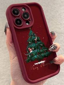 圣诞树图案酒红色加厚精密孔位极简防摔手机保护壳，兼容 16/ 16 Pro/ 16 Pro Max/ 16 Plus/ 15 XR/7/8/ 15 Pro Max/12 Pro Max/13 Pro Max/14 Pro Max/13/14/11/12/14，女款P11软壳P12防摔XS/XR/78P/78GES2，兼容手机壳 - 彩色 - 查看 2
