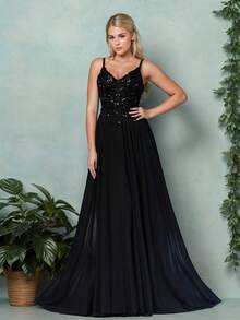 Glamours A Line Long Black Gown Spaghetti Style Sequin Evening Prom Dress - Black - View 3
