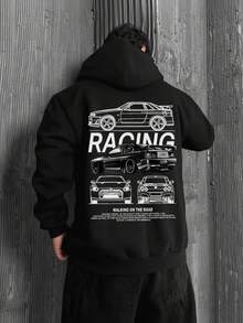 Men's Autumn/Winter Racing Culture Black Hoodie, Exclusive For Car Enthusiasts, Long Sleeve Top - Black - View 4