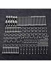 100pcs Piercing Jewelry Set, 14G 16G 20G Nose Rings, Lip Rings, Tongue Rings, Stainless Steel Cartilage Earrings, Barbells, Navel Rings, Body Piercing Accessories - 150 piece silver set - View 1