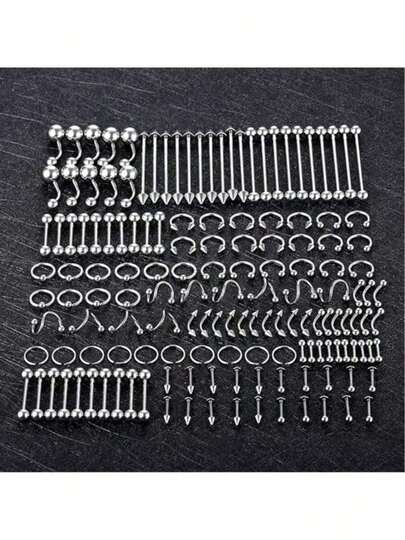 100pcs Piercing Jewelry Set, 14G 16G 20G Nose Rings, Lip Rings, Tongue Rings, Stainless Steel Cartilage Earrings, Barbells, Navel Rings, Body Piercing Accessories