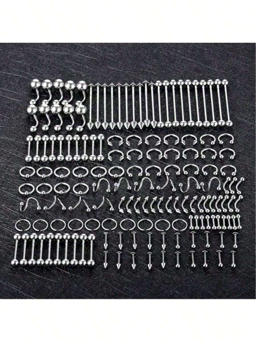 100pcs Piercing Jewelry Set, 14G 16G 20G Nose Rings, Lip Rings, Tongue Rings, Stainless Steel Cartilage Earrings, Barbells, Navel Rings, Body Piercing Accessories - 150 piece silver set - View 1