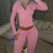 Women's Contrasting Color Waistband Splicing Micro Flared Knitted Sweatshirt, Slim Fit And Fitness Pants, Casual Pants, Sports And Leisure Set, Two-Piece Set - 粉色 - 查看 1