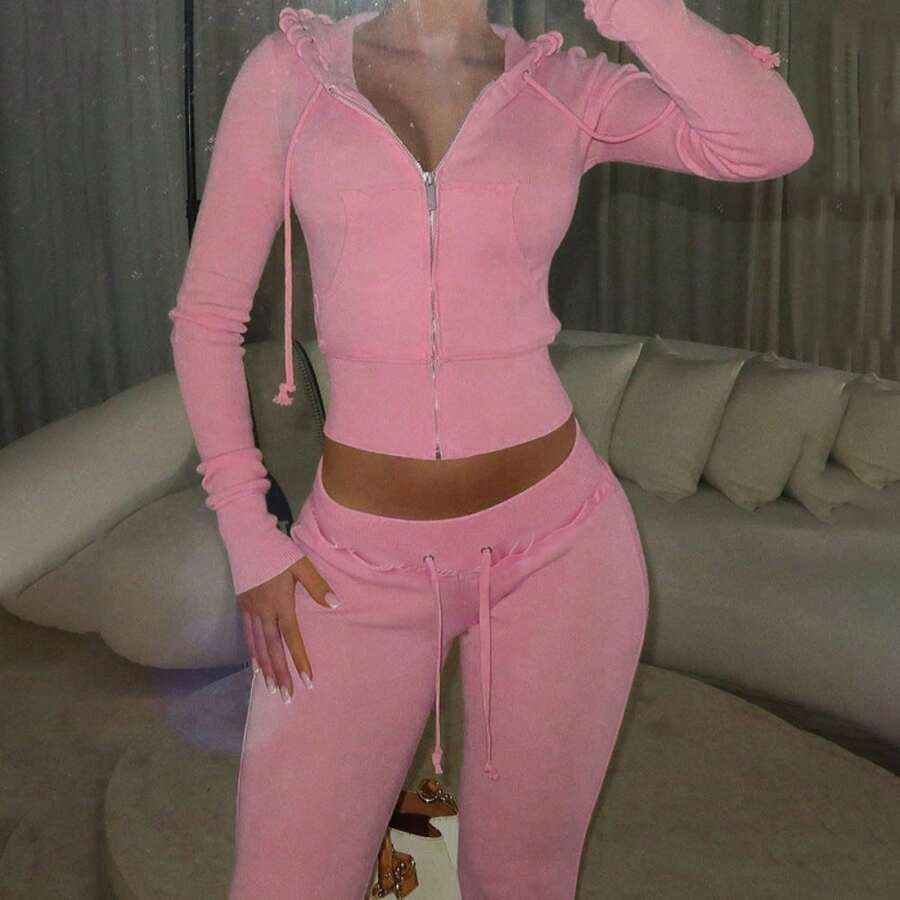 Women's Contrasting Color Waistband Splicing Micro Flared Knitted Sweatshirt, Slim Fit And Fitness Pants, Casual Pants, Sports And Leisure Set, Two-Piece Set - 粉色 - 查看 1