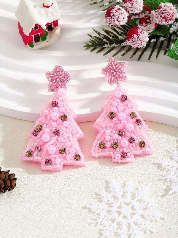 1 par de pendientes de árbol de Navidad con lazo de cuentas rosadas hecho a mano, adorno de cuentas de estilo dulce, regalo de joyería ideal para mujeres/madres en el Día de San Valentín, Día de la Madre, Navidad y días festivos