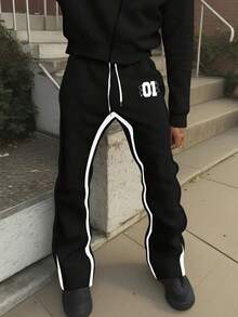 Y2k Men's Hip-Hop Style Drawstring Autumn And Winter Sweatpants, Loose Casual Sports Pants, 250g Polyester Soft Fabric, Machine Washable, Local Warehouse, Fashionable And Versatile, Straight Leg Pants Suitable For Back To School, Street, Outdoor Sports Wear - Black(黑色)-1 - 查看 1