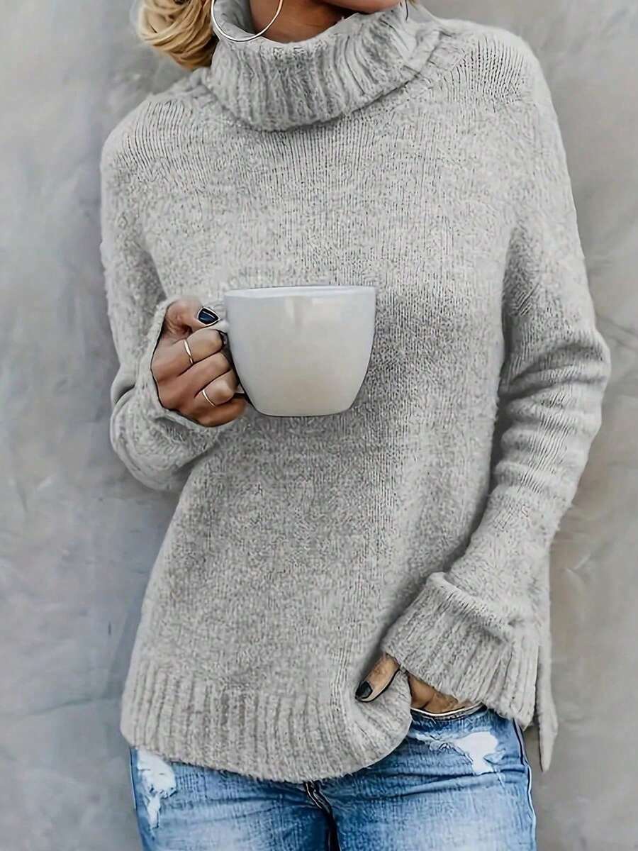 Áo len dài tay thời trang dành cho nữ, cổ cao, có chi tiết xẻ tà.