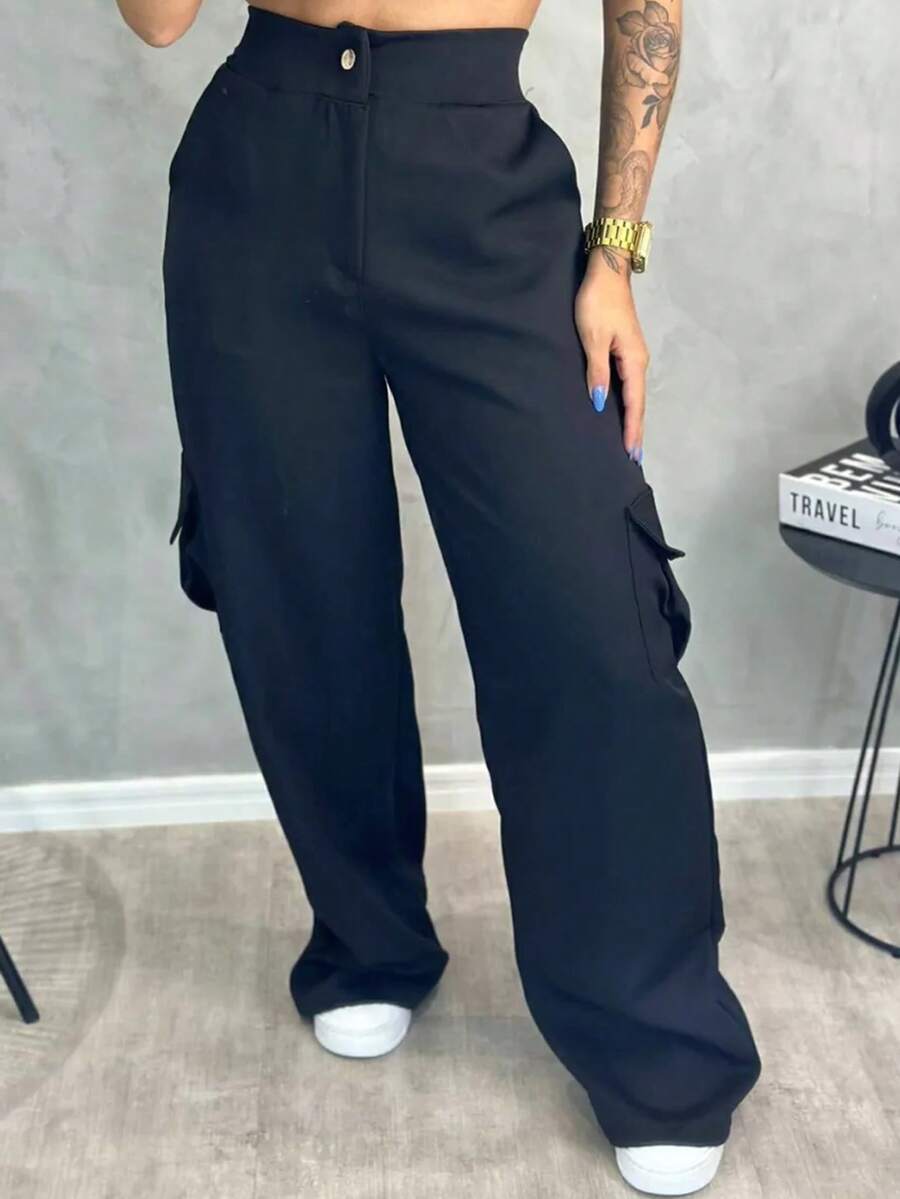 Women's Tailored Cargo Pants With Side Pockets - Đen và trắng - Xem 1