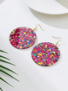 1 Pair Retro Geometric Round Multicolor Glitter Dangle Earrings For Women, Versatile Accessory For Vacation, Party, Gift - Hot Pink - View 3