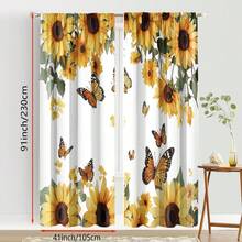 2pcs, Polyester Material, High-Definition Digital Print Sunflower And Butterfly Pattern, Filter Curtain, Suitable For Bedroom, Living Room, Office And Home Decoration, Pole Pocket Design,Curtains 84inch Long
