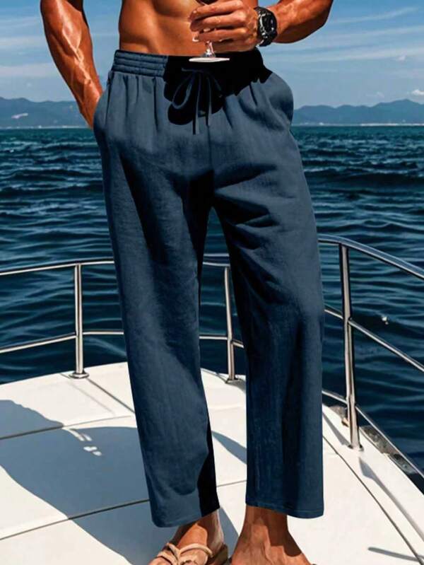 Men's Linen Pants, Summer Drawstring Beach Breathable Trousers, Elastic Waist Drawstring Pants, Men's Vacation, Suitable For Casual, Vacation, Commuting, Navy Blue Pants For Men, Loose Street Wear, Men's Clothing