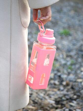 1 pieza Botellas de agua coloridas con tapas y pajitas, botellas de agua con pegatinas de estilos aleatorios, vaso deportivo portátil con asa para hombres, mujeres, uso al aire libre, fitness, gimnasio, escuela, viajes