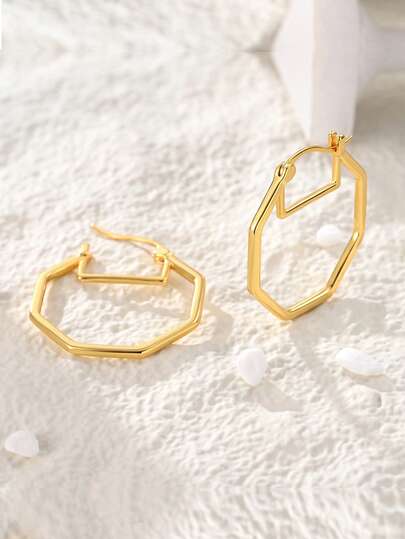 1 par de pendientes de aro de plata de ley 925 original para mujer, color dorado, de forma octagonal, joyería minimalista y elegante, apta para uso diario, fiestas y compras