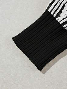 Acelitt Áo len chui đầu dài tay dáng rộng màu tương phản sọc thời trang - màu đen - Xem 8