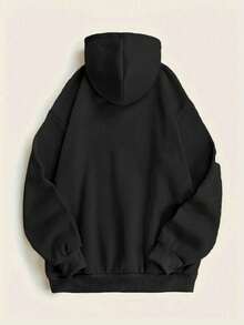 Plus Women's Letter Drawstring Pocket Hooded Sweatshirt - Black - View 3