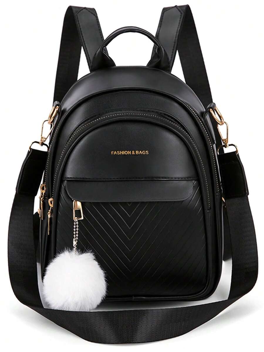LECEY 女士休闲时尚简约背包，带绒球吊坠 - 黑色 - 查看 1
