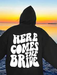 Casual Hooded Letter Print Polyester Long Sleeve Sweatshirt, Soft And Slightly Stretchy, Four Seasons Beach Fashion Design, Knitted Fabric Weight, With Pockets, Suitable For Autumn And Winter Wear - Religious Faith Inspired Apparel - Black - View 1