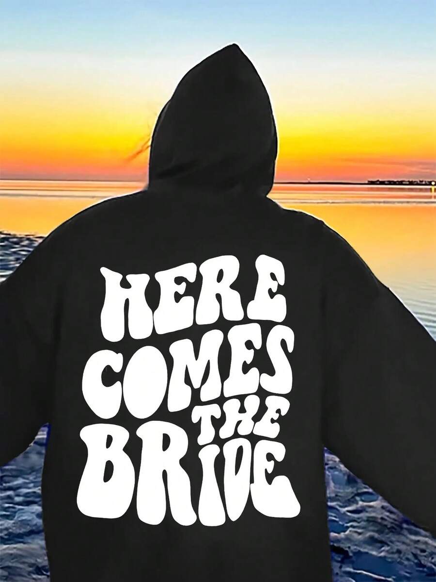 Casual Hooded Letter Print Polyester Long Sleeve Sweatshirt, Soft And Slightly Stretchy, Four Seasons Beach Fashion Design, Knitted Fabric Weight, With Pockets, Suitable For Autumn And Winter Wear - Religious Faith Inspired Apparel - Black - View 1