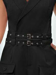 Jumper corto para mujer de moda tipo blazer unicolor elegante con cinturones decorativos estilo casual para uso diario - Negro - Ver 7