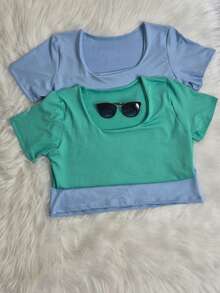 KIT OF 2 PLUS SIZE SHORT SLEEVE TOPS FOR WOMEN'S FASHION - XANH DƯƠNG NHẠT/XANH LÁ NHẠT - Xem 3