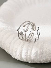 1pc Silver-Color Cubic Zirconia Star & Moon Design Adjustable Ring, Luxury Crystal Ring For Women - Silver - View 3