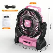 Cold Air Battery Powered Fan With LED Lantern, 20000mAh Dual Motor Camping Fan, 4-Speed Adjustable Desktop Fan With Hook, Portable Outdoor Fan, Suitable For Tents, Power Outages, And Construction Sites - Hồng - Xem 2