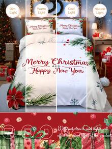 Set de pilotă cu 3 bucăți de Crăciun, desenate manual, cu crengi, frunze, fulgi de zăpadă, imprimat digital (1 husă de pilotă, 2 fețe de pernă fără miez), fibră de poliester, moale, prietenos cu pielea, potrivit pentru diferite dimensiuni de pat, ideal pentru cadouri