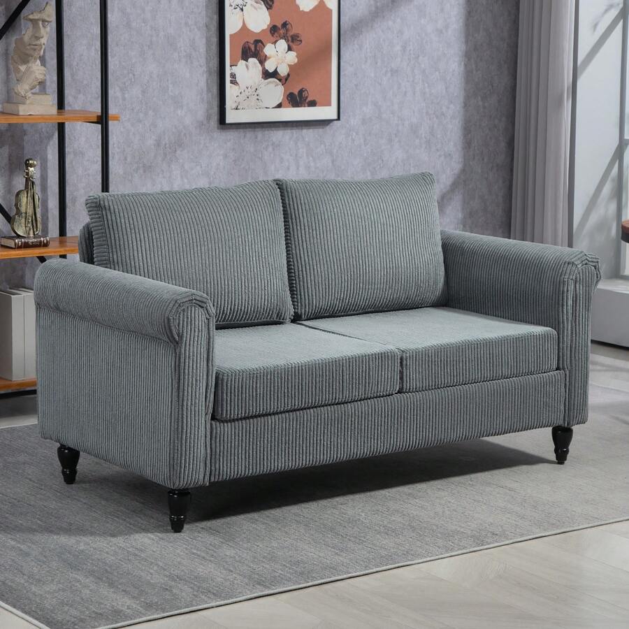 HOMCOM Vintage Loveseat, Upholstered Love Seat Furniture, Corduroy-Feel Fabric 2 Seater Sofa Couch With Rolled Arms, Gourd-Shaped Rubber Wood Legs For Living Room, Grey - 灰色 - 查看 1