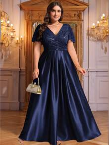 Elisanya 女士秋季闪光亮片V领短袖晚礼服海军蓝正式连衣裙派对晚宴婚礼宾客礼服 - 查看 7