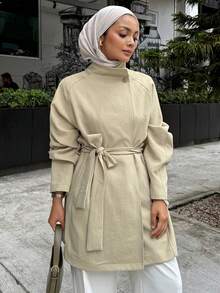 DAZY 女士休闲宽松工装风衣立领街头休闲系带风衣外套，秋季女装，简约时尚 - 卡其色 - 查看 1