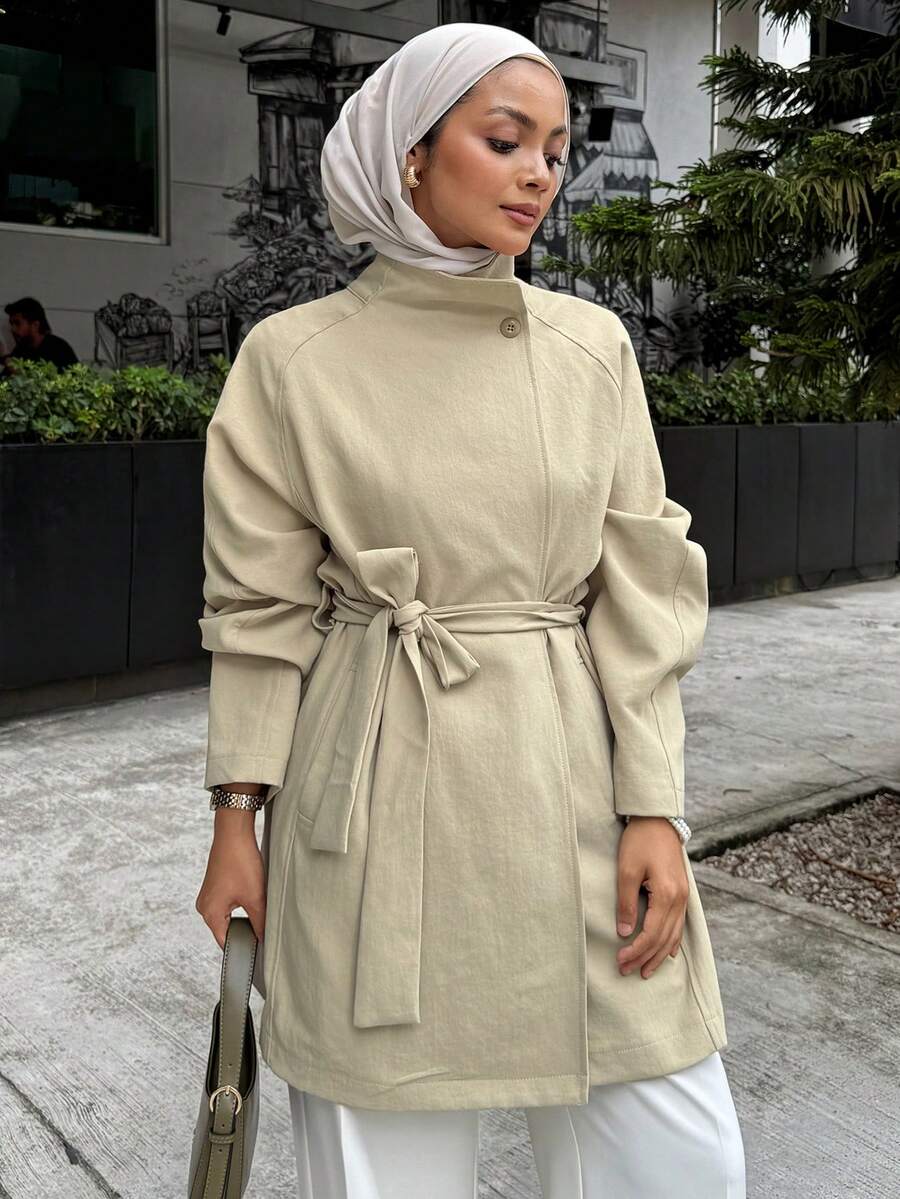 DAZY 女士休闲宽松工装风衣立领街头休闲系带风衣外套，秋季女装，简约时尚 - 卡其色 - 查看 1