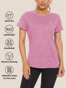Women's Summer Quick Dry Short Sleeve T-Shirts Gym Workout Athletic Tee Shirts With Reflective Strip Lightweight Breathable Outdoor Casual Tops, Pink - Pink - View 1