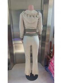 Women's Contrasting Color Waistband Splicing Micro Flared Knitted Sweatshirt, Slim Fit And Fitness Pants, Casual Pants, Sports And Leisure Set, Two-Piece Set - 灰色 - 查看 5