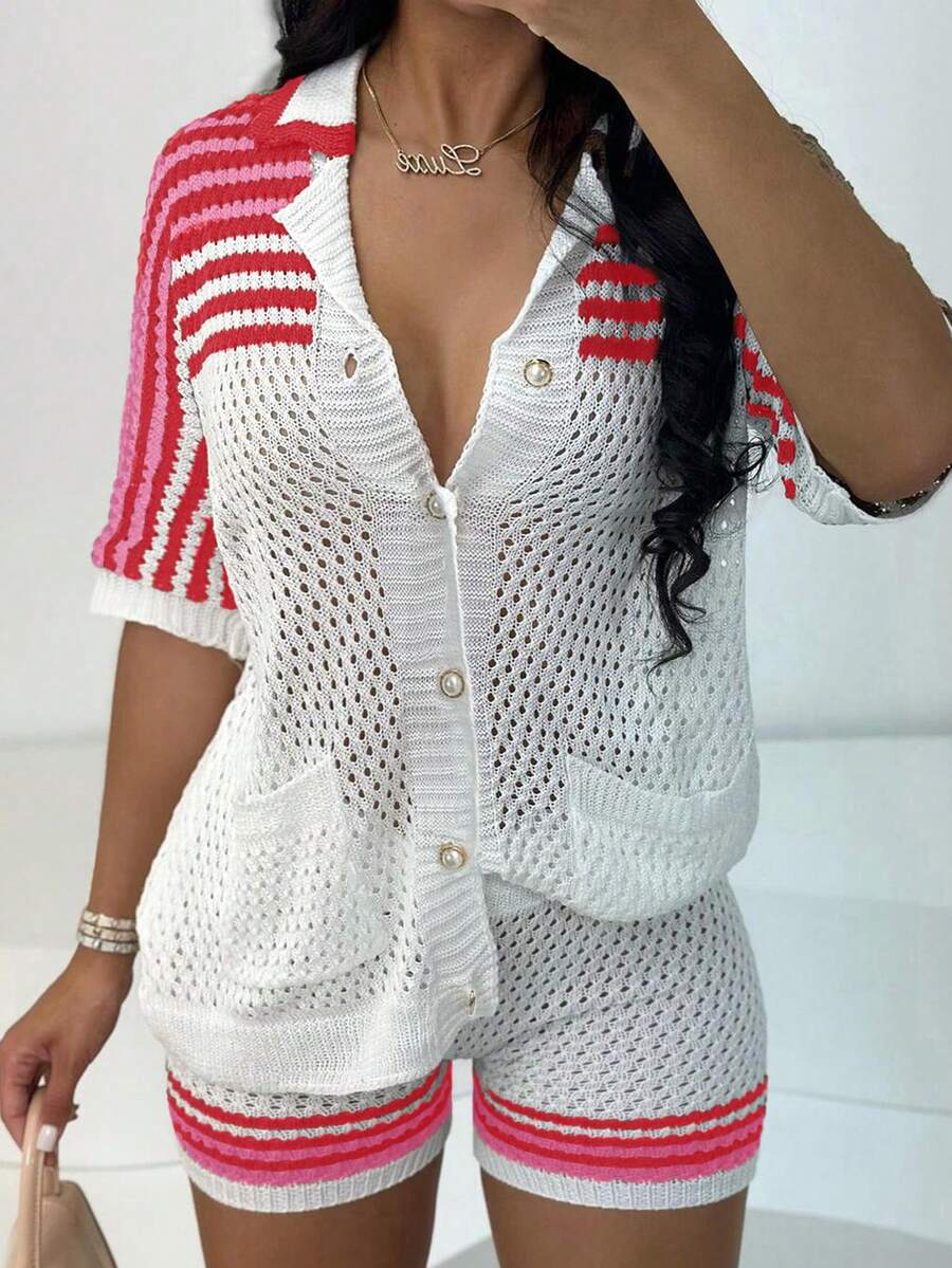 Apperloth A Bộ 2 món dành cho nữ, áo khoác cardigan và quần short dệt kim kẻ sọc, áo sơ mi tay ngắn cổ chữ V gợi cảm, áo cardigan cài cúc phía trước, quần short dệt kim cạp chun, trang phục Giáng sinh. - Nhiều màu - Xem 1