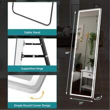 Sweetcrispy Full Length Mirror With LED Lights, 64"X21" Lighted Floor Standing Mirror With Stand, Full Body Mirror Dimming & 3 Color Lighting ,Full Length Mirror With Aluminum Frame And Polished Glass For Bedroom