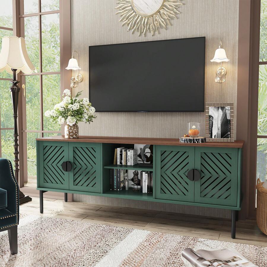 63'' TV Stands For Living Room, TV Console With 2-Layer Shelves, Modern Entertainment Center Television Stands With Storage, Wood Media Cabinet For Bedroom - 綠色 - 查看 1