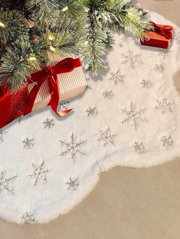 1 Stück Weihnachtsbaum Rock mit glänzenden Schneeflocken, luxuriöse Plüsch Baum Dekoration, romantische Feiertags Dekoration für Weihnachtsparty, Zuhause, Markt, Innen- und Außenbereich
