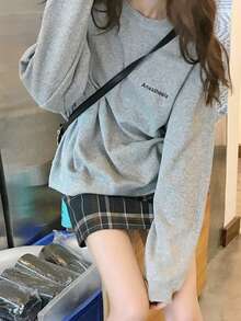 Sudadera de mujer con estampado de letras Suelta Casual Cómoda Manga Larga Estudiante Delgado Top - Gris - Ver 10