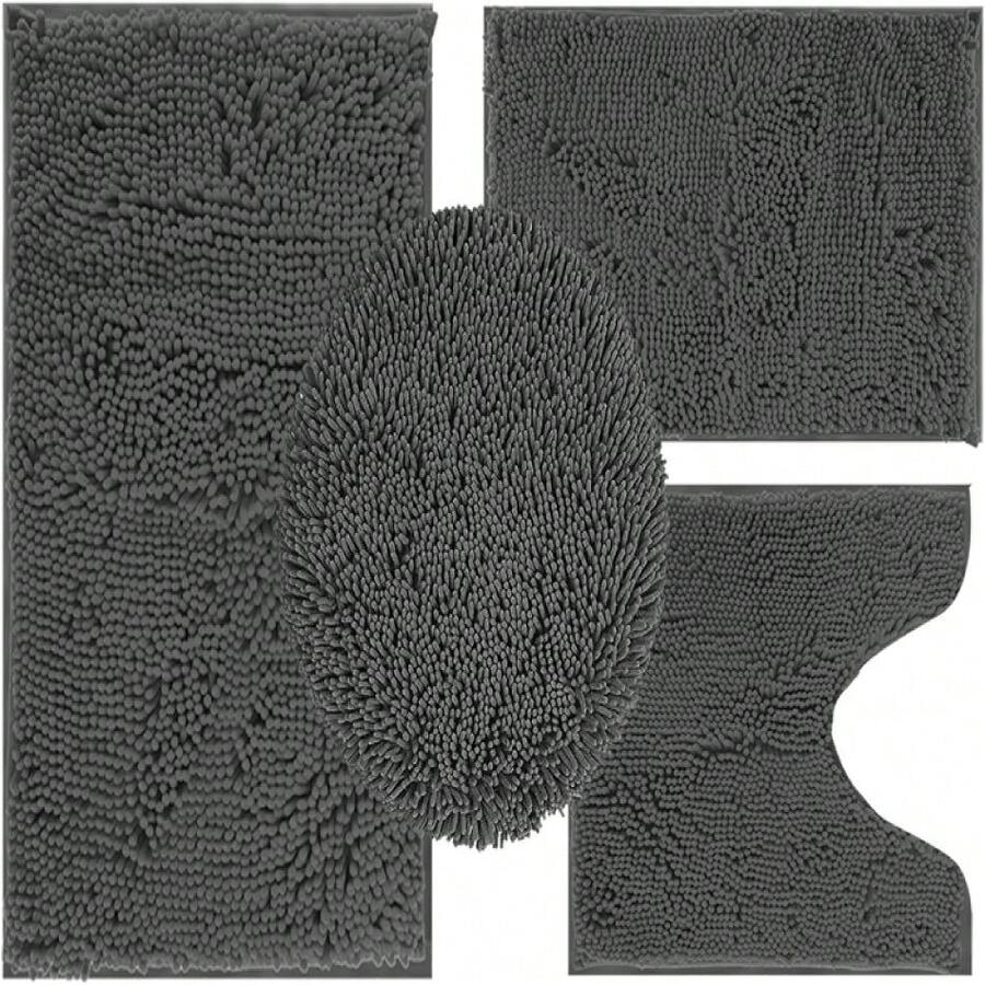 Grey Bathroom Rugs Sets 4 Piece With Toilet Lid Cover, Non Slip Bathrooats Extra Soft Chenille Bath Rug Absorbent Shaggy Rugs Perfect Plusats U-Shaped Toilet Rug And Toilet Cover Toilet,18821272 - 深灰色 - 查看 1