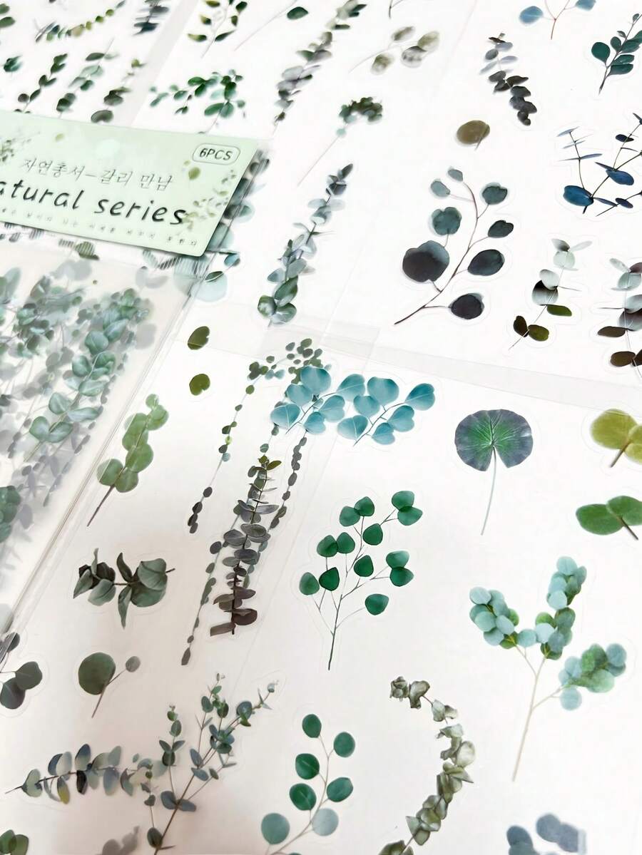 1 包 6 件复古桉树叶和花卉 PVC 防水装饰贴纸，学校用品，返校
