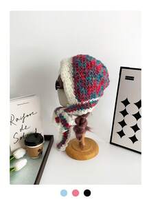 Vintage Grandma Plaid Hand-Crocheted Thick Yarn Balaclava Hat With Colorful Lace Ties, Earflap Beanie Scarf Combo, Warm Neck Gaiter Scarf Two-In-One Hat For Winter - Multicolor - View 16