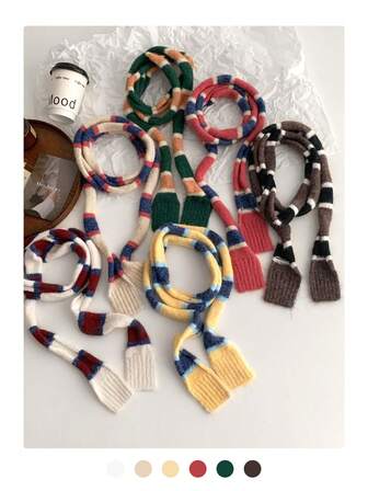 1pc Dopamine Striped Knit Warm Narrow Scarf, High-End Neck Warmer For Women & Men, Autumn/Winter Accessory, Bicolor Stripe Knitted Scarf, Vintage Style For Photo Shoot, Spring/Autumn Winter Gear