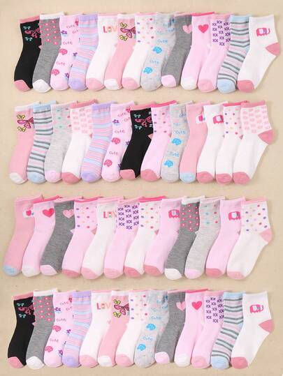 20 Pairs Girls' Socks, Assorted Colors And Cute Unique Patterns Including Hearts, Bows, Rabbits, Flowers, Soft And Breathable For Daily Wear, Holiday And Party Gifts, Random Color And Style Delivery