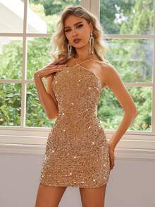 Vestido de noche de lujo con cuello de halter y lentejuelas para mujeres - Dorado - Ver 1