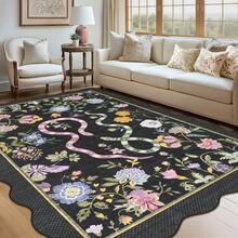 1Pcs Room Decor Modern Washable Scalloped Floral Snake Area Rug For Living Room Indoor Bedroom Foldable Floor Mats, Soft Low Pile Non Shedding Carpets For Offices Non-Slip Runner For Hallway Dorm - 黑色 - 查看 1