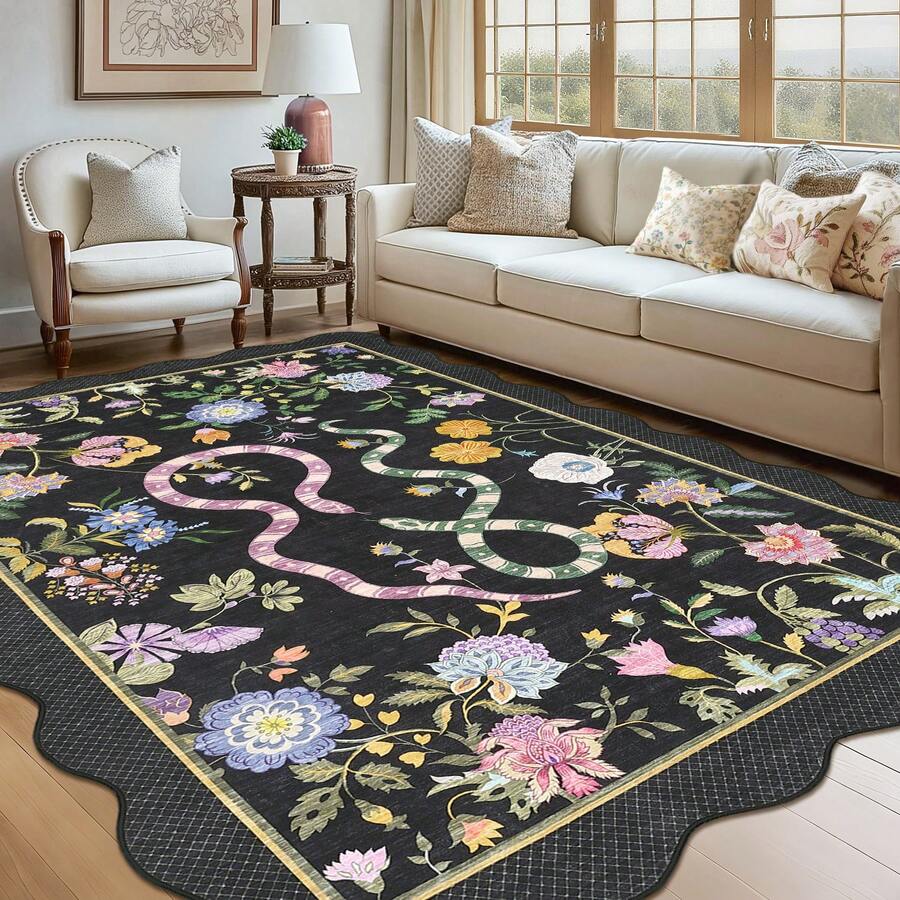 1Pcs Room Decor Modern Washable Scalloped Floral Snake Area Rug For Living Room Indoor Bedroom Foldable Floor Mats, Soft Low Pile Non Shedding Carpets For Offices Non-Slip Runner For Hallway Dorm - 黑色 - 查看 1
