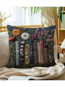 1 Vỏ gối trang trí họa tiết sách và hoa cổ điển có khóa kéo, phù hợp với nhiều loại phòng, phòng ngủ, ngày lễ, trang trí tiệc tùng, vỏ gối in hoa và gáy sách (không thêu) (chỉ in) (không có ruột) - Nhiều màu - Xem 6