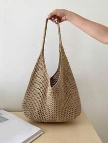 Yogodlns 女士唯美钩针沙滩购物手提包针织网腋下包夏季百搭单肩包女士单肩包休闲编织女士手工手提包大容量夏季沙滩女式斜挎包 - 卡其色 - 查看 6