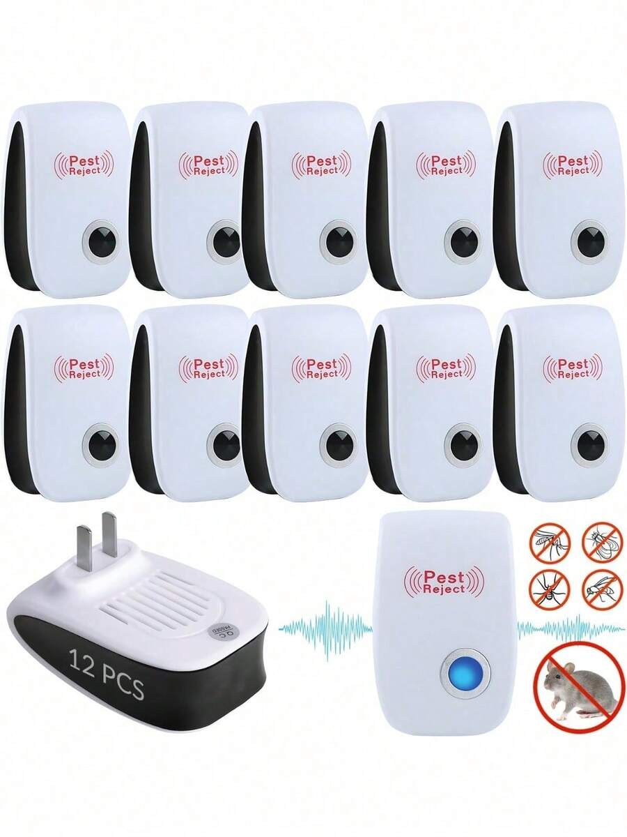 12 Piezas Repelente Ultrasónico de Plagas Amigable para Niños y Mascotas, Ahuyentador Electrónico de Plagas para Interior, Control de Plagas en Interiores para Cucarachas, Ratones, Hormigas, Repelente - Blanco - Ver 1